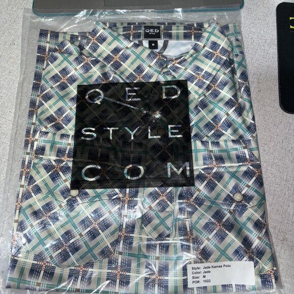 QED style mens Medium striped polo Jade Kamas NWT Pearl Button - Picture 1 of 5